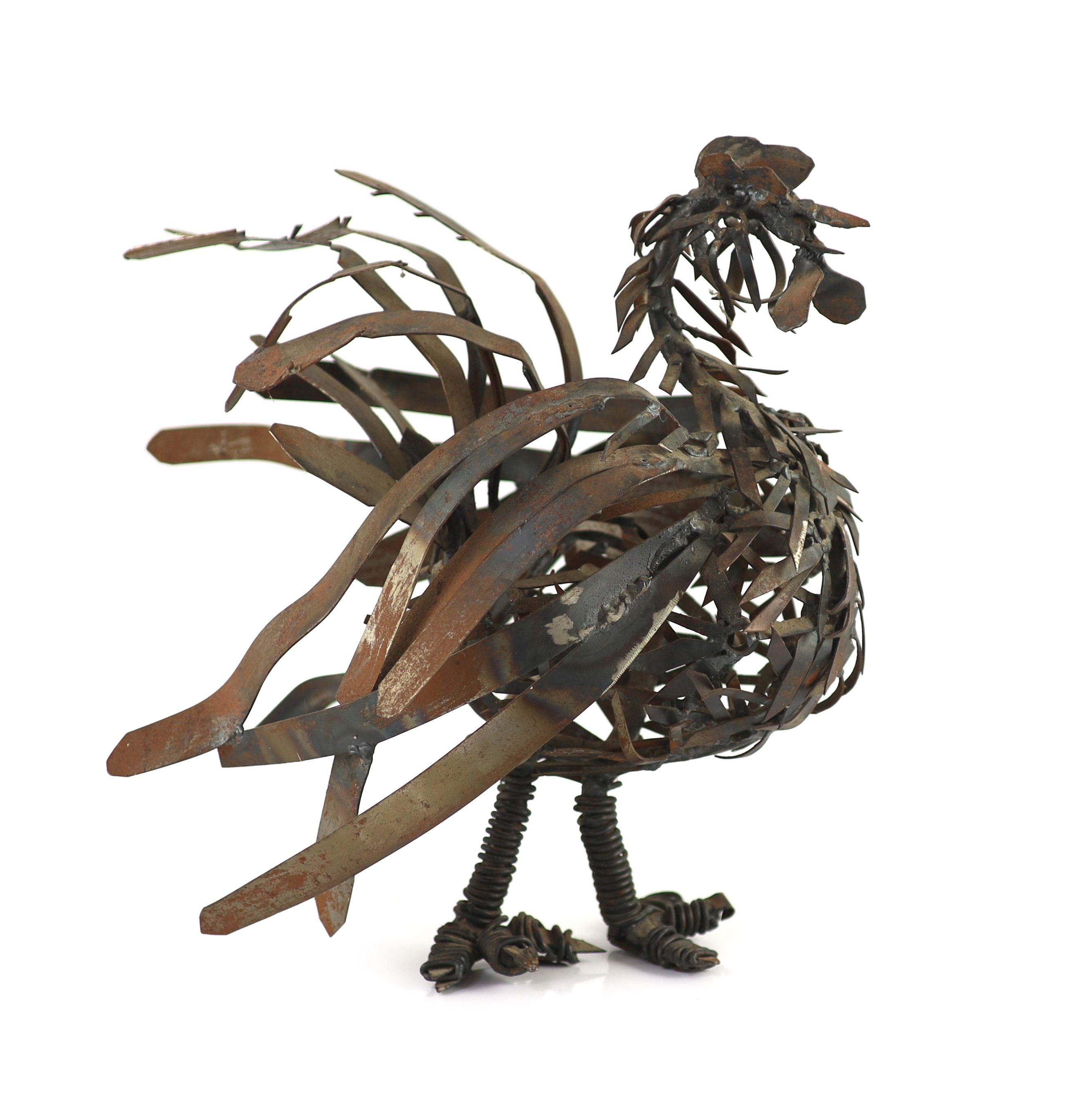 Sokari Douglas Camp (Nigerian b.1958). A welded metal cockerel, height 29.5cm length 31cm